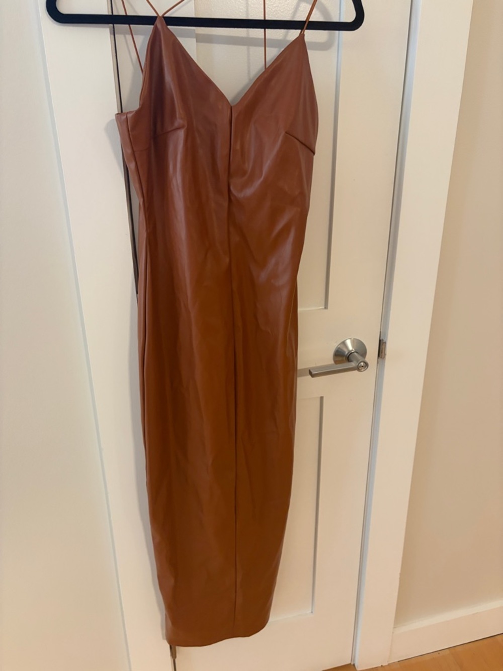 Faux Leather Slip Maxi Dress in Cognac